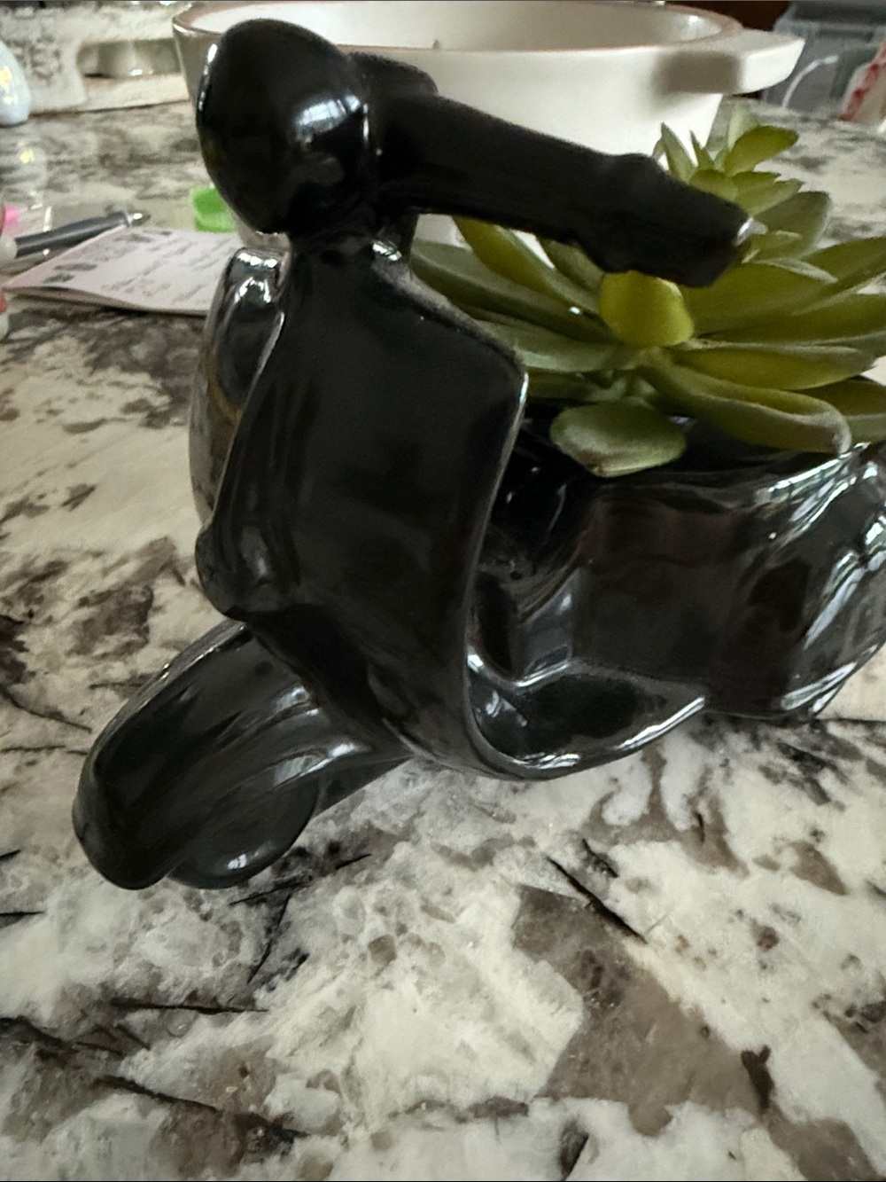 Black Ceramic moped Planter with Faux Succulent